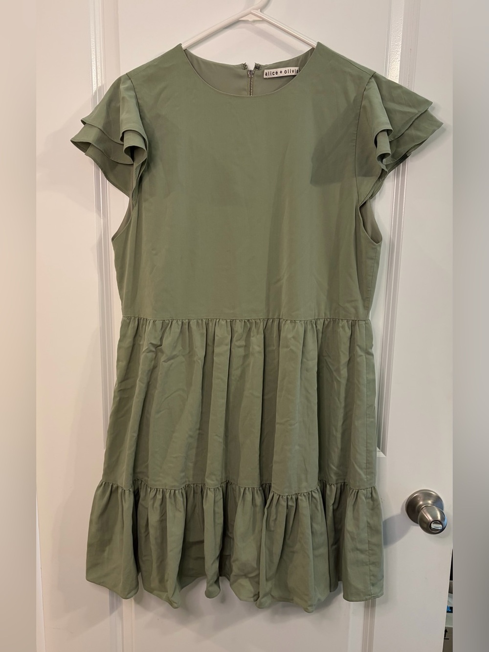Alice + Olivia Sage Green Flutter Sleeve Tiered Mini Dress Women's Size 10